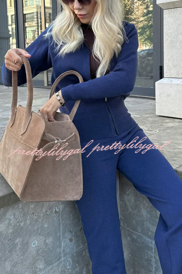 Cozycore Knit Zipper Long Sleeve Cardigan and Stretch Wide Leg Pants Set