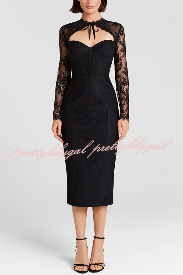Mylene Lace Corset Cut Sweetheart Tie-up Neck Sheer Long Sleeve Slit Midi Dress