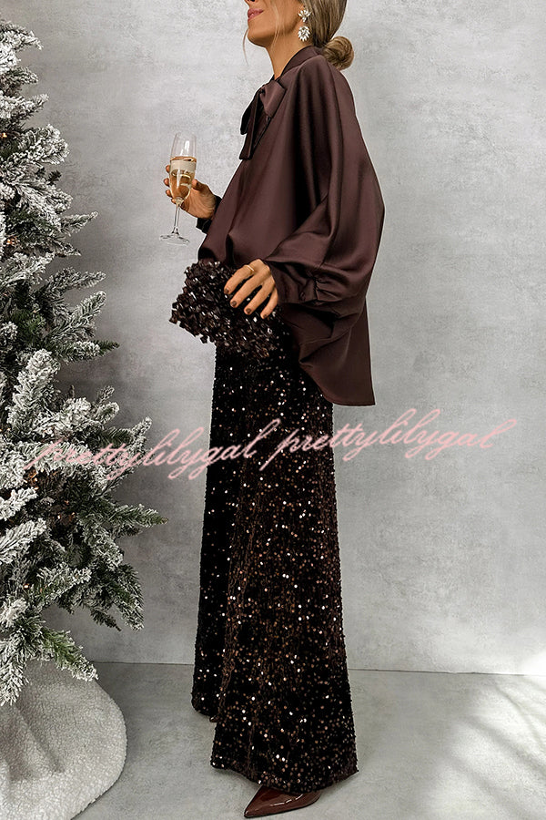 Chic and Merry Satin Bow Neck Batwing Sleeve Loose-fitting Blouse