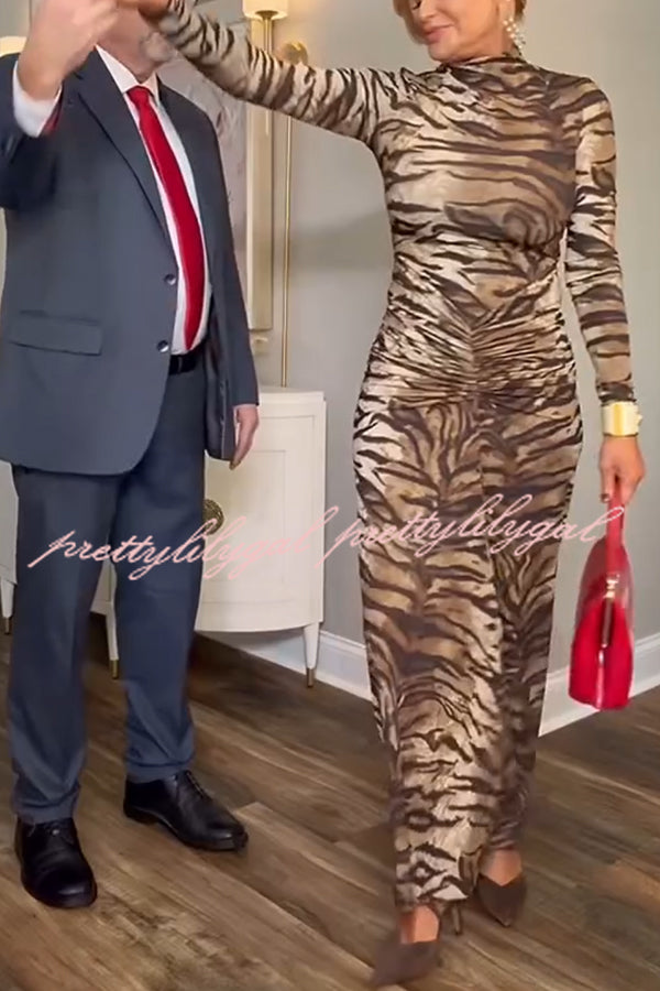 Winston Animal Print High-neck Long Sleeve Ruched Hip Stretch Maxi Dress