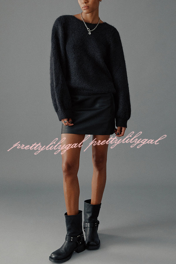 Chunky Season Knit Mohair-blend Long Sleeve Open Back Knot Design Loose Sweater