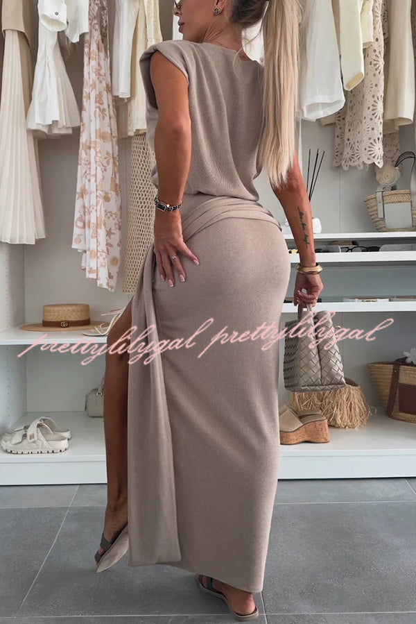 Comfortable Stylish Round Neck Sleeveless Casual Top and Elastic Waist Ruched Tie Slit Midi Skirt Set