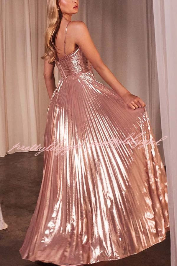 Make A Toast Metallic Fabric Cross Neck Cutout Slit Pleated Maxi Dress