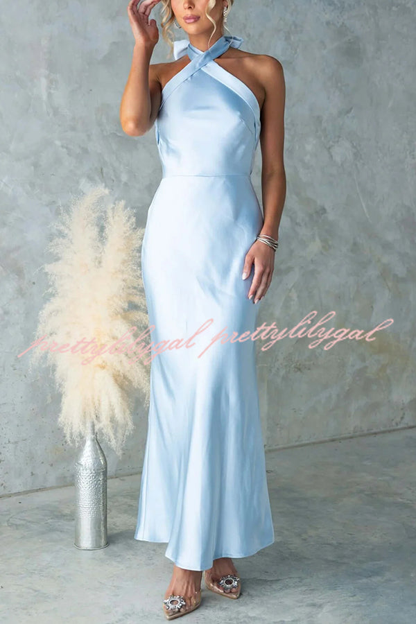 Satin Fashion Halter Backless Slim Elegant Maxi Dress