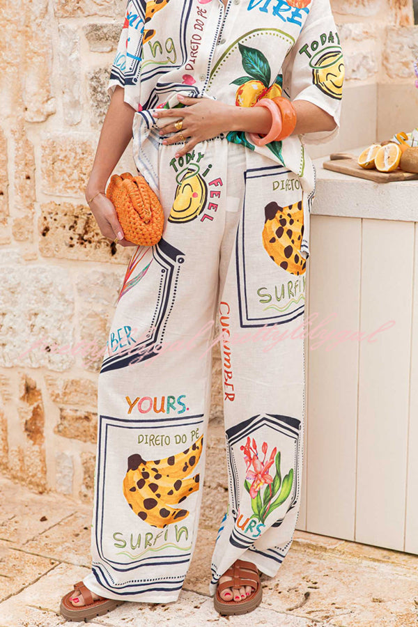 Summer Plant Fruit Print Casual Short Sleeve Shirt and Elastic Waist Loose Wide Leg Pants Set
