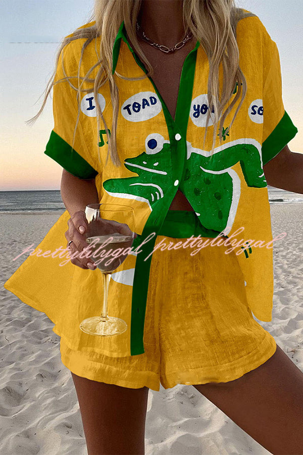 Frog Print Loose Button Elastic Waist Shorts Set