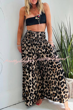 Stella Leopard Print High Rise Smocked Waist Pocketed Wide Leg Pants