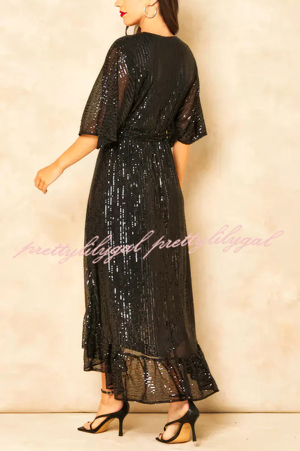 Solid Color Sequined V-neck Waist Tie Loose Maxi Dress