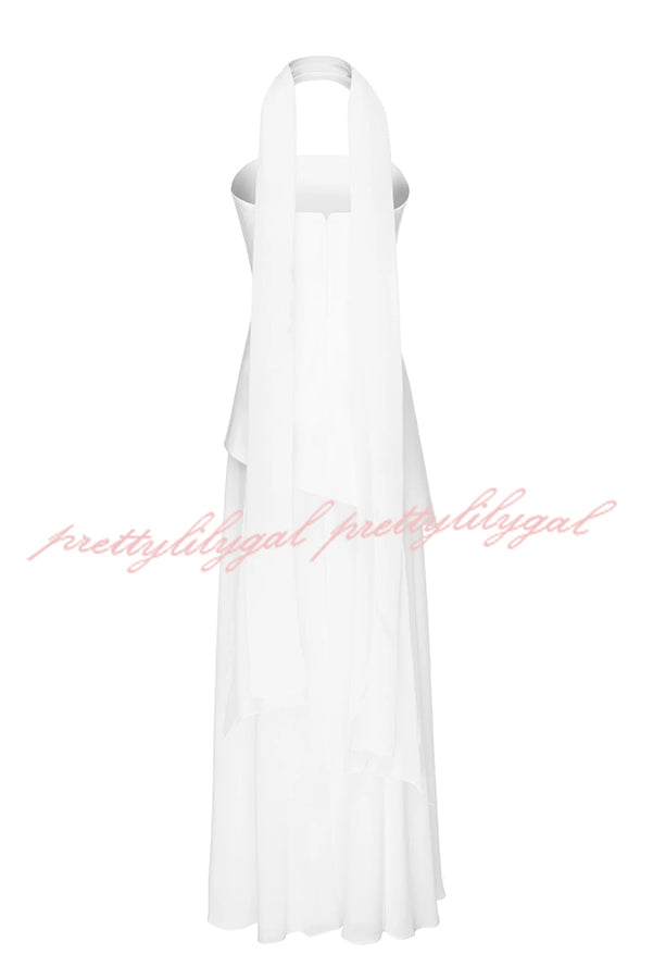 Monaco Off Shoulder Structured Top Chiffon Slit Hem Scarf Maxi Dress