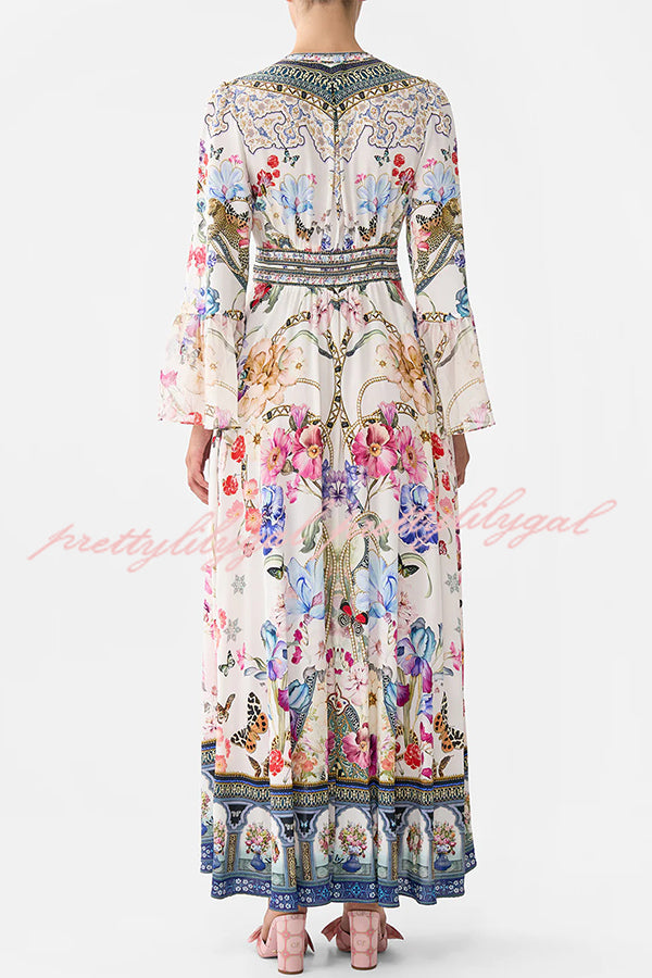 Fairy Tale Print V-Neck Lantern Sleeve Waist Maxi Dress