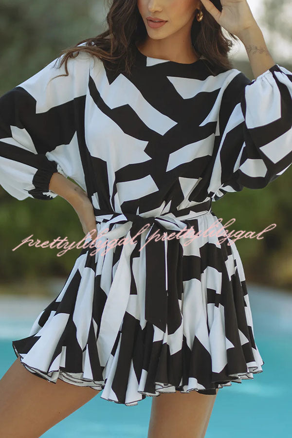 Breezy Chic Polka Dot Balloon Sleeve Tie-up Pleated Loose Mini Dress