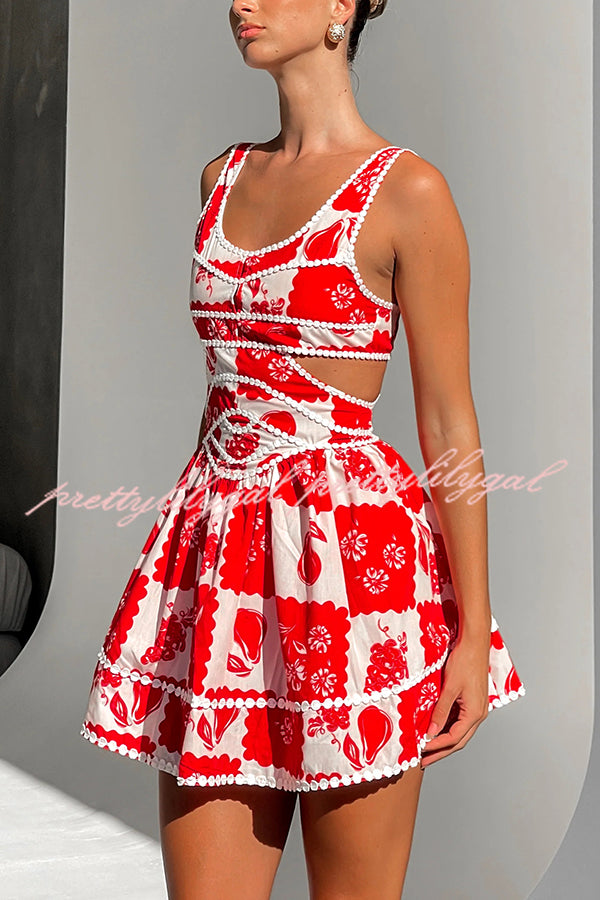 Holiday Colors Ric Rac Trims Unique Print Cutout Round Neck Mini Dress