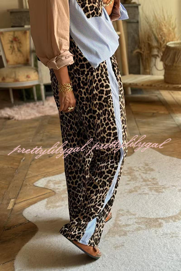 Leopard Print Patchwork Long-sleeved Loose Shirt and Elastic Waist Casual Pocket Wide-leg Pants Set