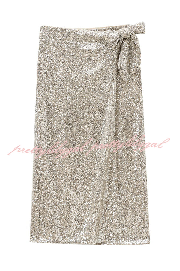 Crushing on You Sequin High Rise Wrap Tie-up Slit Midi Skirt