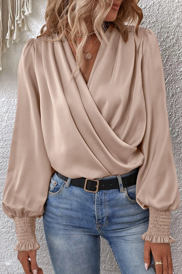 Satin Solid Color V-neck Lantern Sleeve Elegant Loose Shirt