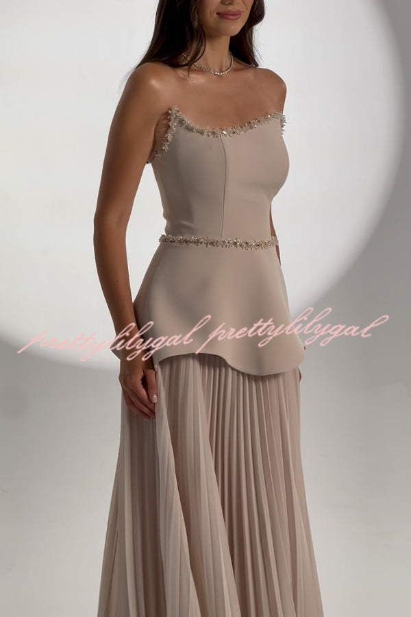 Capture The Moment Gem Trim Pleated Hem Strapless Maxi Dress