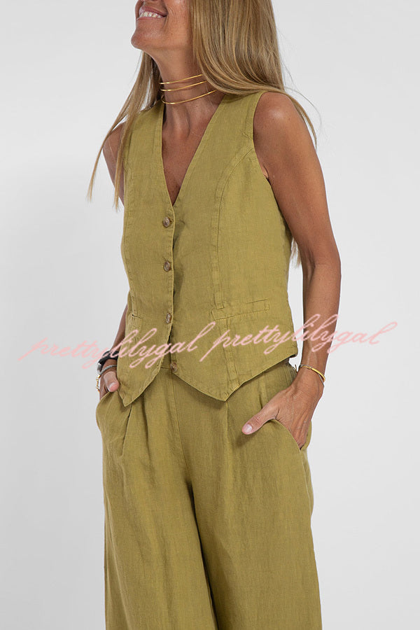 Eddie Linen Blend Button Vest and Elastic Waist Pocketed Wide Leg Pants Set