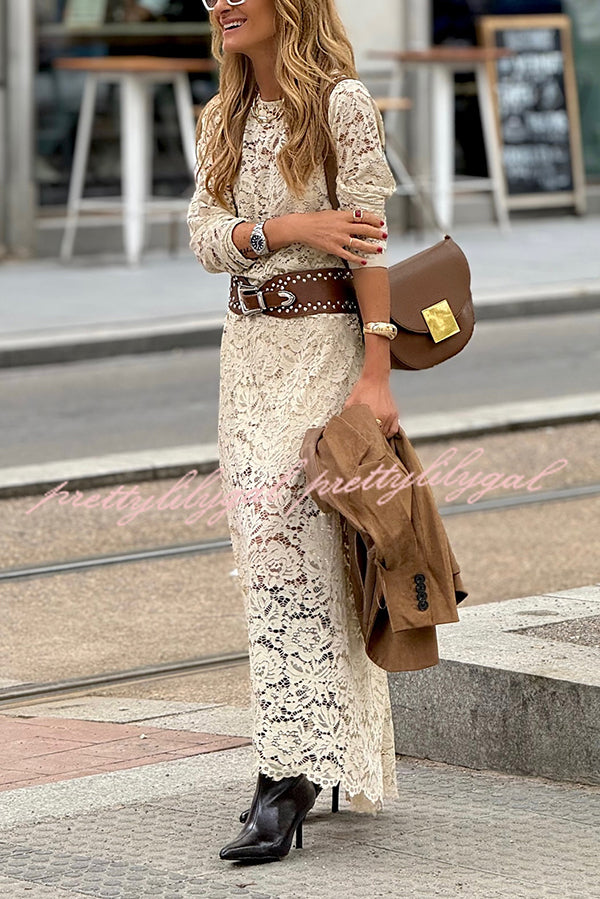 Hippie Elegance Lace Long Sleeve Crewneck Maxi Dress