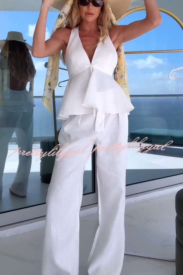 Sakai Linen Blend Bow Ruffle Hem Halter Top and High Rise Pocket Wide Leg Pants Set