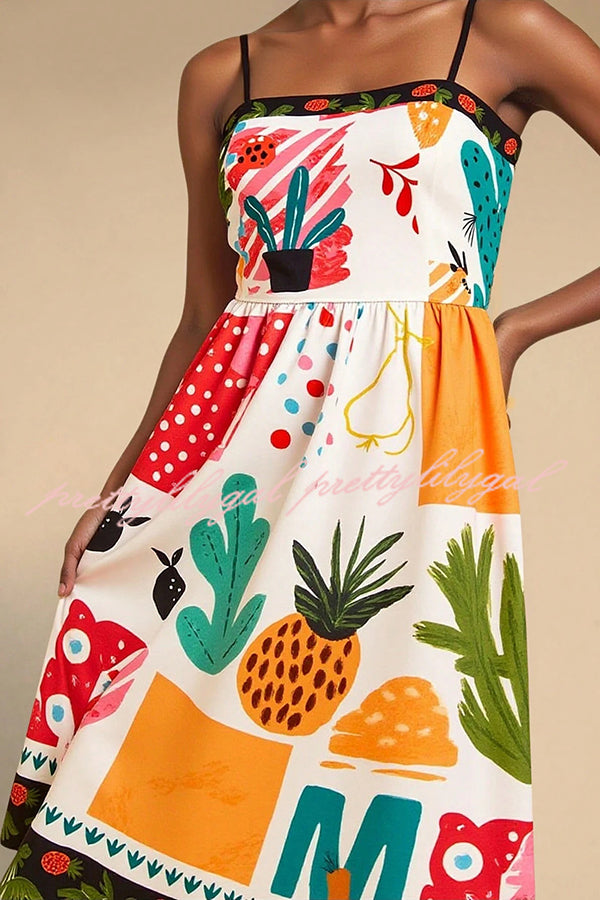 Unique Printed Sling Back Pleated Holiday Midi Dress