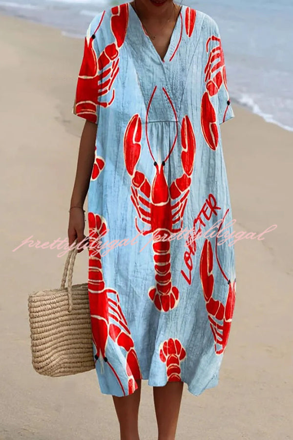 Unique Marine Print V-neck Short-sleeved Midi Dress