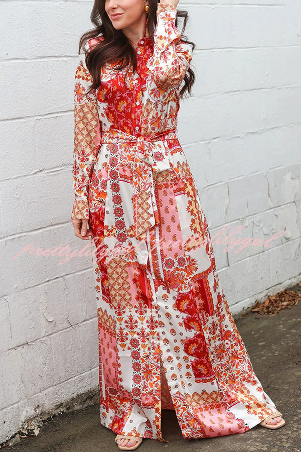 Bohemian Style Unique Printed Shirt Waist Tie Maxi Dress