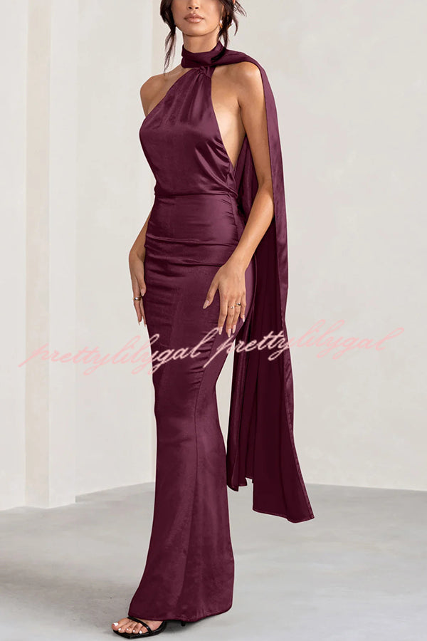 VIP Party Satin Asymmetric Scarf Neck Backless Maxi Dress