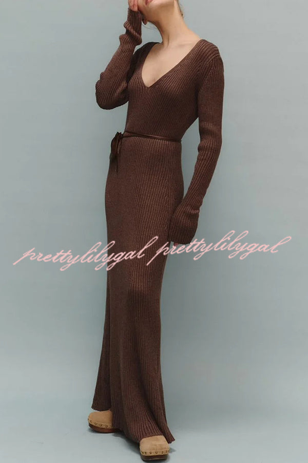 Solid Color V-neck Long-sleeved Slim-fit Elegant Knit Maxi Dress