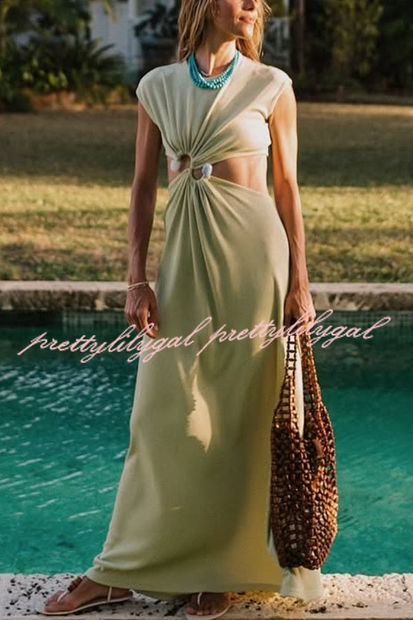 Eye-catching Ribbed Knit S-buckle Hardware Cutout Waist Maxi Dress