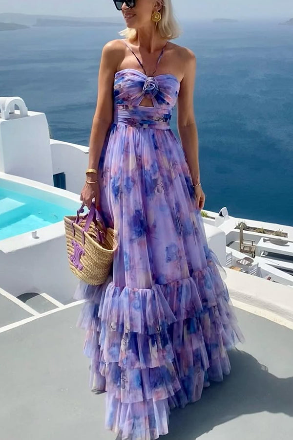 Dreamy Clouds Tulle Printed Rose Detail Cutout Ruffles Tiered Halter prettylilygal Dreamy Clouds Tulle Printed Rose Detail Cutout Ruffles Tiered Halter prettylilygal