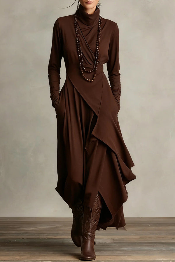 Solid Color High-neck Long-sleeved Irregular Casual Maxi Dress –  prettylilygal