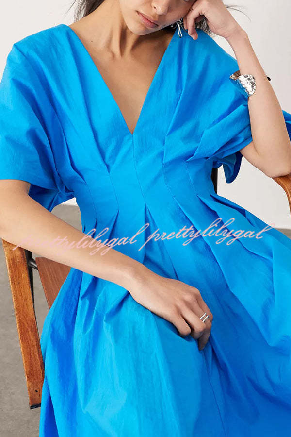 Antibes Linen Blend Princess Line Pleated Wide Puff Sleeve Midi Dress