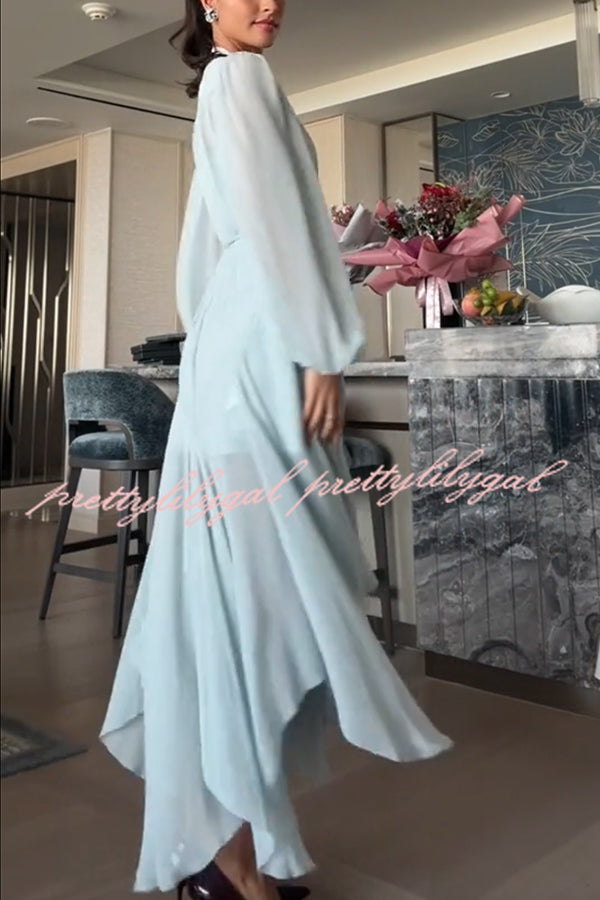Elegant and Graceful Tie-up Neck Long Balloon Sleeve Handkerchief Midi Dress
