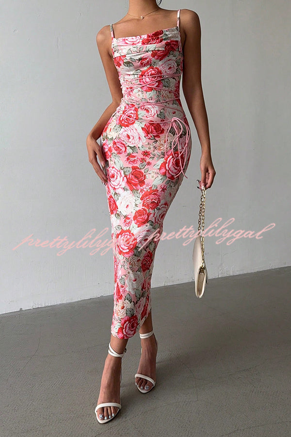 Floral Print Sexy Halter Back Slim Fit Lace Up Midi Dress