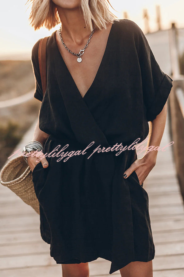 Breezy Retreat Cotton Linen Blend Pocketed Belt Kimono Mini Dress