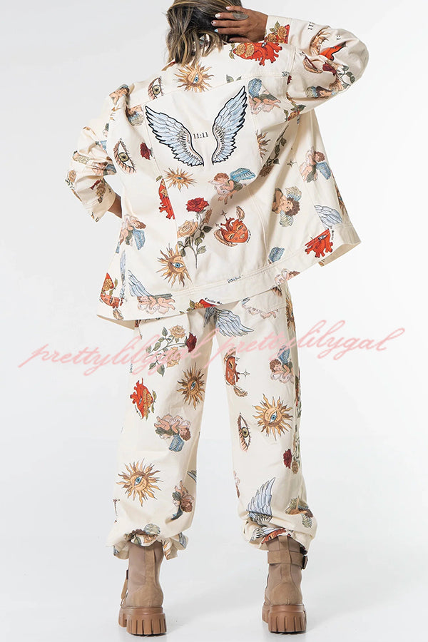 Angel Wings Denim Unique Print Mid Rise Pocket Loose Pants
