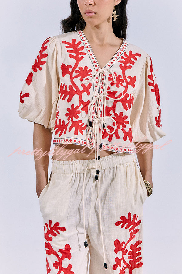 Till Sunset Linen Blend Unique Print Lace-up Puff Sleeve Shirt