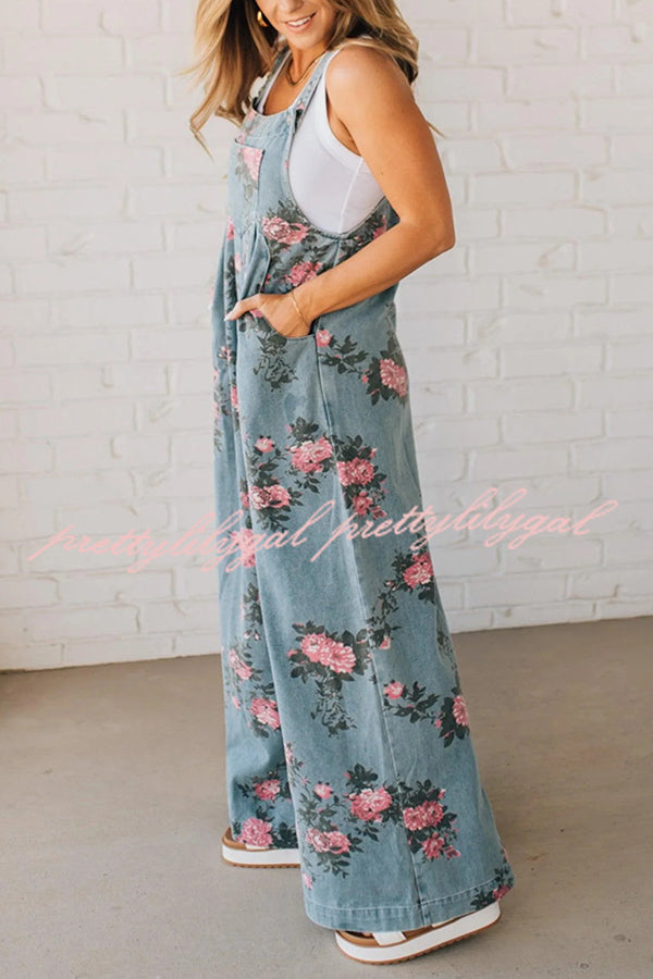 Fashion Floral Print Casual Button Pocket Loose Denim Overalls