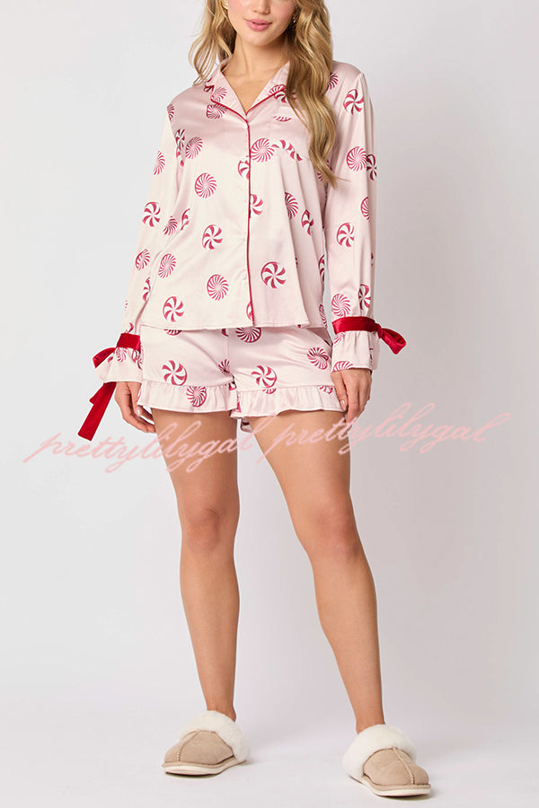 Christmas Fashion Printed Bow Tie Top and Elastic Waist Ruffle Shorts Set