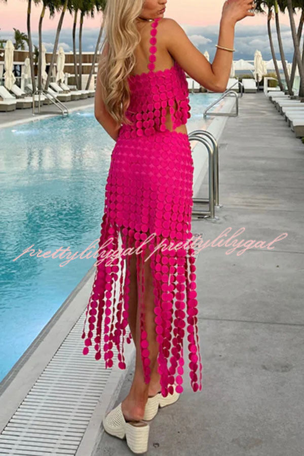 Caitlin See Through Circle Embroidery Square Neck Tassle Hem Slip Tank