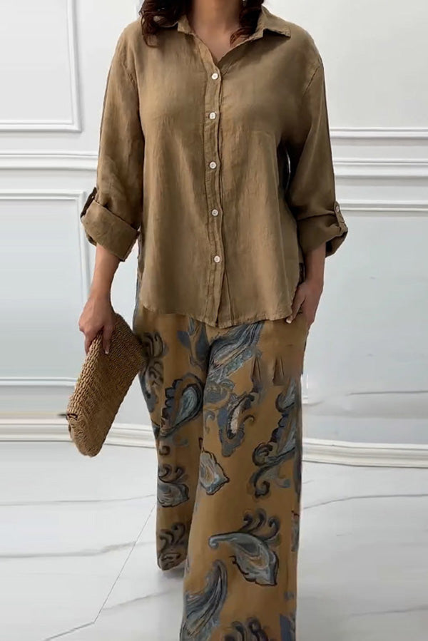 Fashion Lapel Long Sleeve Casual Shirt and Unique Print Elastic Waist Pocket Wide Leg Pants Set