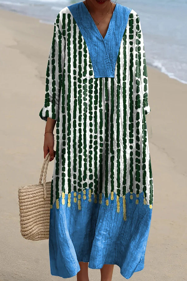 Dotted Line Stripe Print V-Neck Long Sleeve Loose Midi Dress