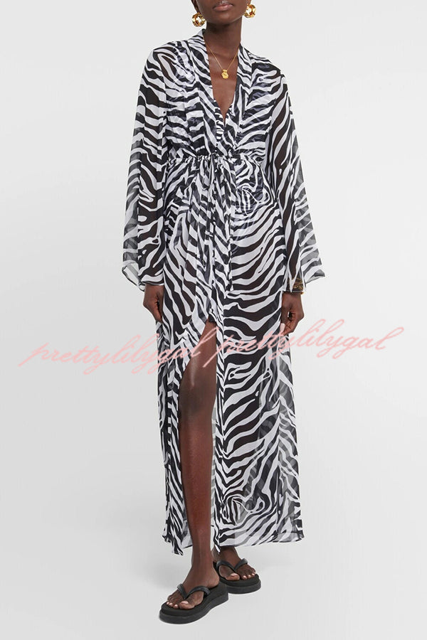Marsie Zebra-print Elastic Drawstring Waist Long Bell Sleeve Cover-up Kimono