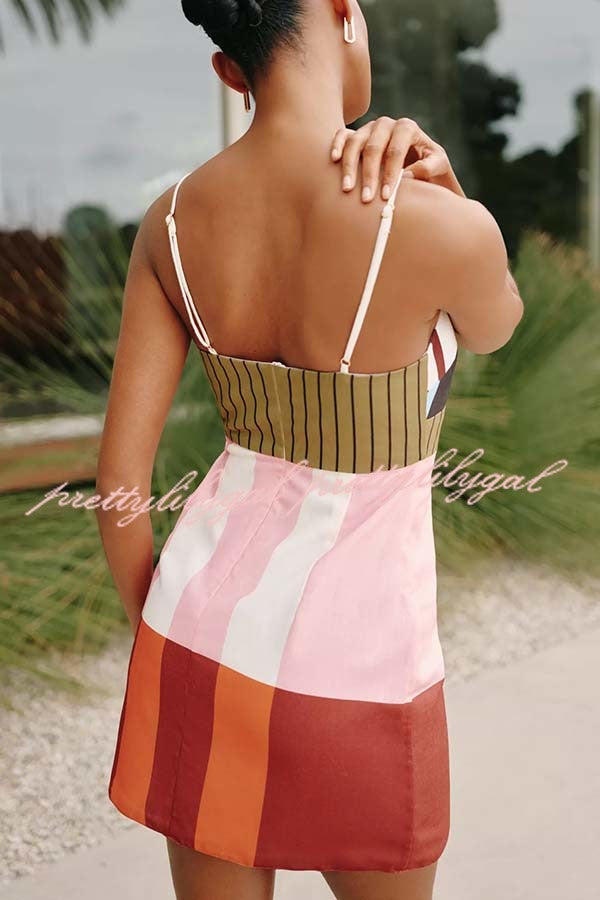 Susane Linen Blend Color Block Print Adjustable Shoulder Strap Mini Dress