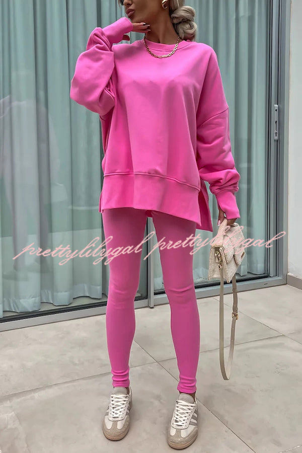 Solid Color Loose Long Sleeve SlitSweatshirt and Elastic Waist Tight Pants Set