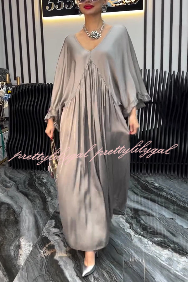 Satin Solid Color V-neck Lotus Leaf Sleeve Loose Pleated Maxi Dress