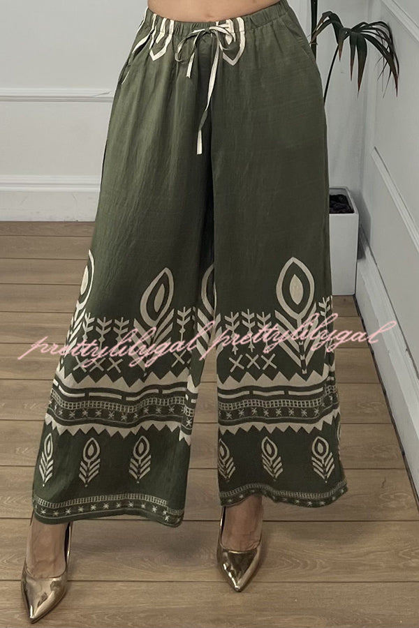 Unique Print Elastic Waist Casual Pocket Wide Leg Pants