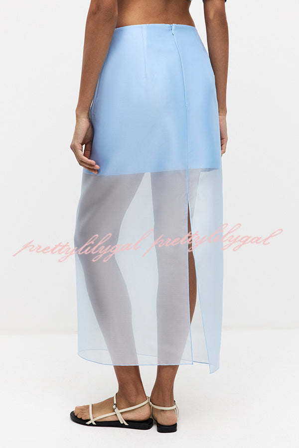 Simple and Light See-through Fabric Mid Rise Pencil Slit Midi Skirt