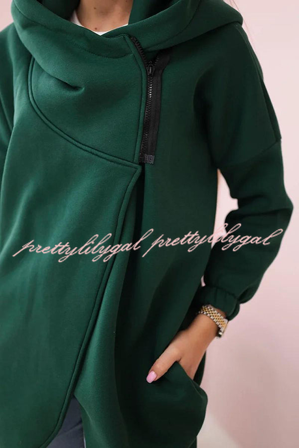 Solid Color Loose Hooded Zip-up Casual Sports Jacket
