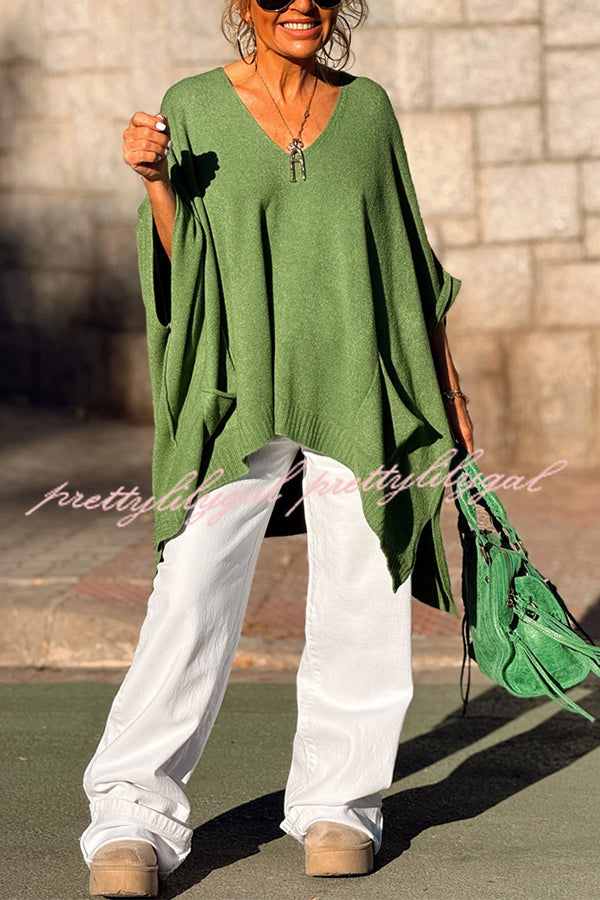 Fashion V-neck Loose Pocket Mid-length Knitted Sweater